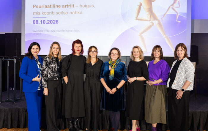 Fotol vasakult: Aive Hiiepuu (Reumaliit), Kristiine Hõrrak ja Helina Hütt (Eesti Tervisespetsialistide Selts), prof, Elena Nikiphorou (reumatoloog ja King's College London professor), Sandra Meisalu, Karin Laas, Raili Müller (Eesti Reumatoloogia Selts). Foto autor: Meeli Küttim